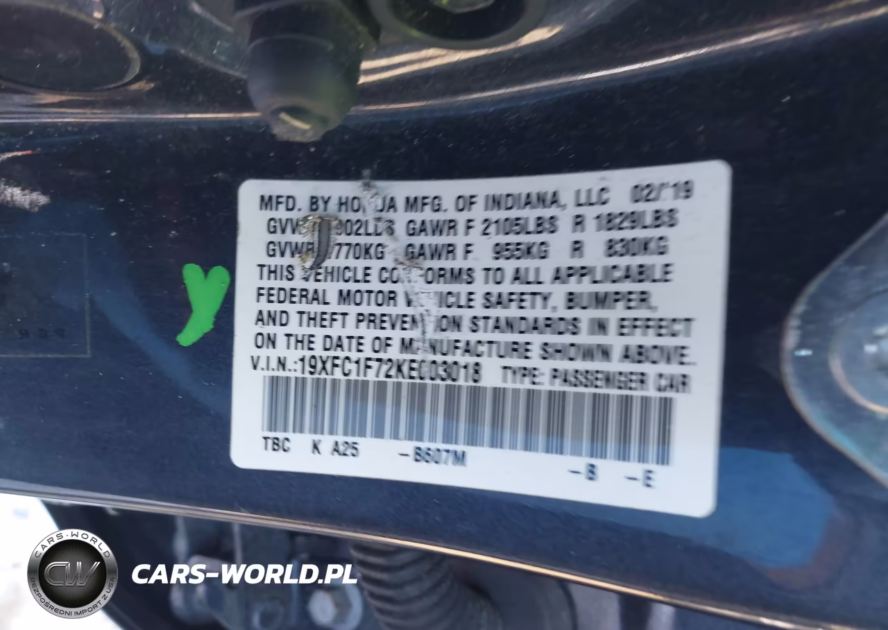 2019 Honda Civic Ex-L VIN:19XFC1F72KE003018 - 9