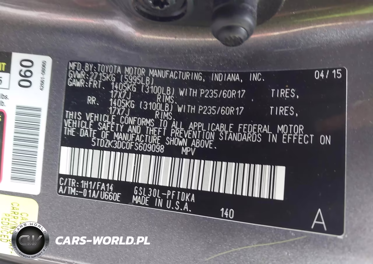 2015 Toyota Sienna L 7 Passenger VIN:5TDZK3DC0FS609098 - 9