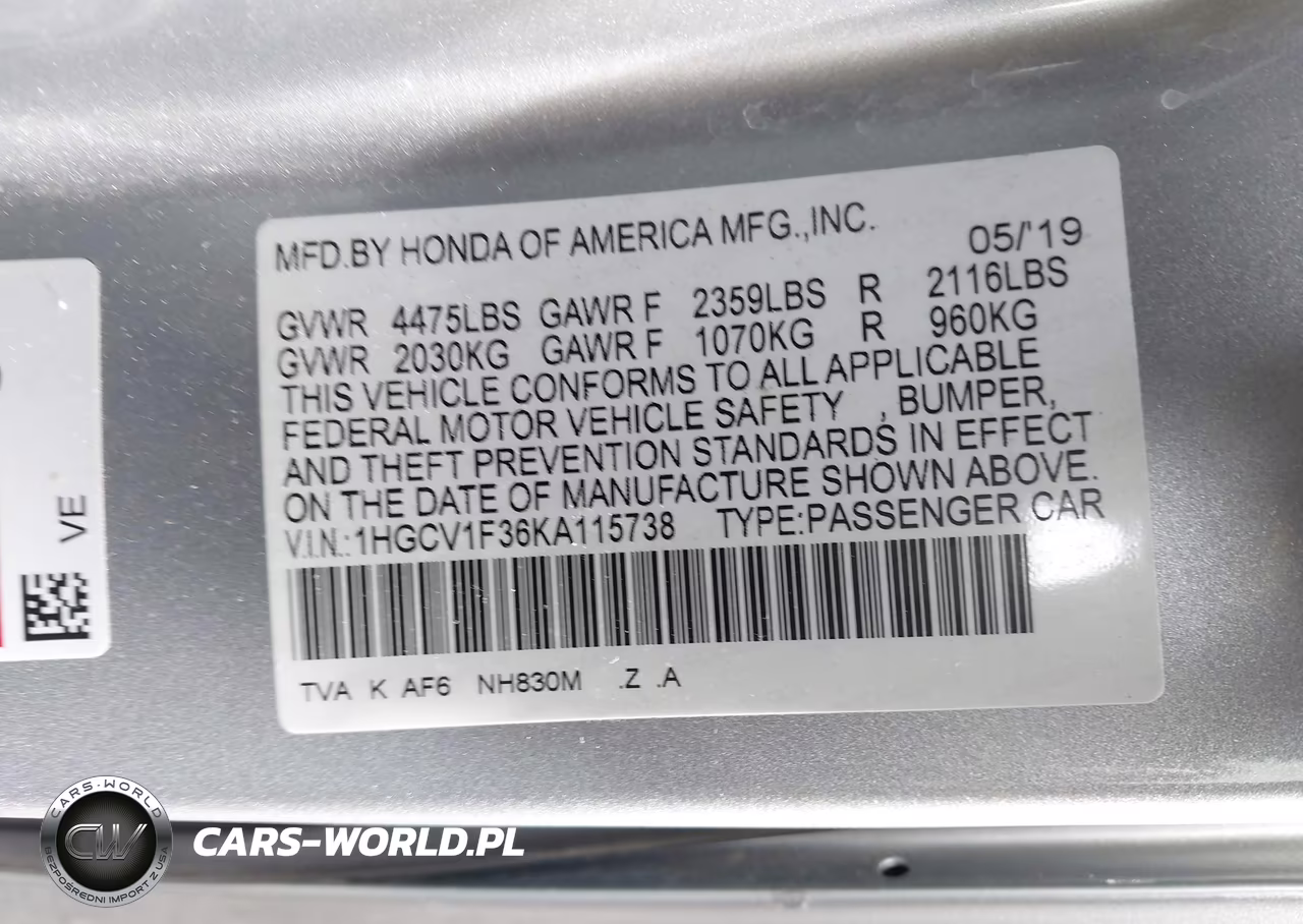 2019 Honda Accord Sport VIN:1HGCV1F36KA115738 - 9