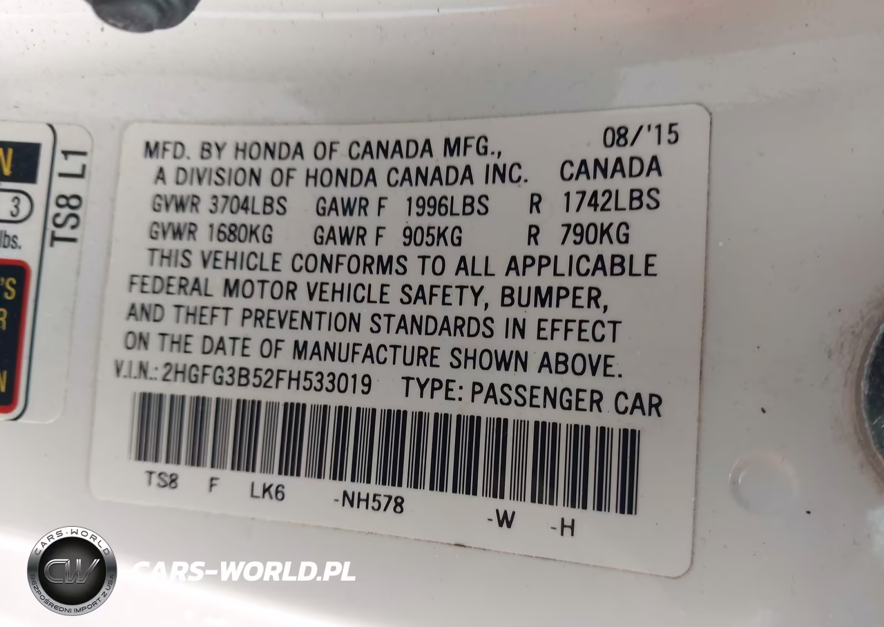 2015 HONDA CIVIC LX VIN:2HGFG3B52FH533019 - 9