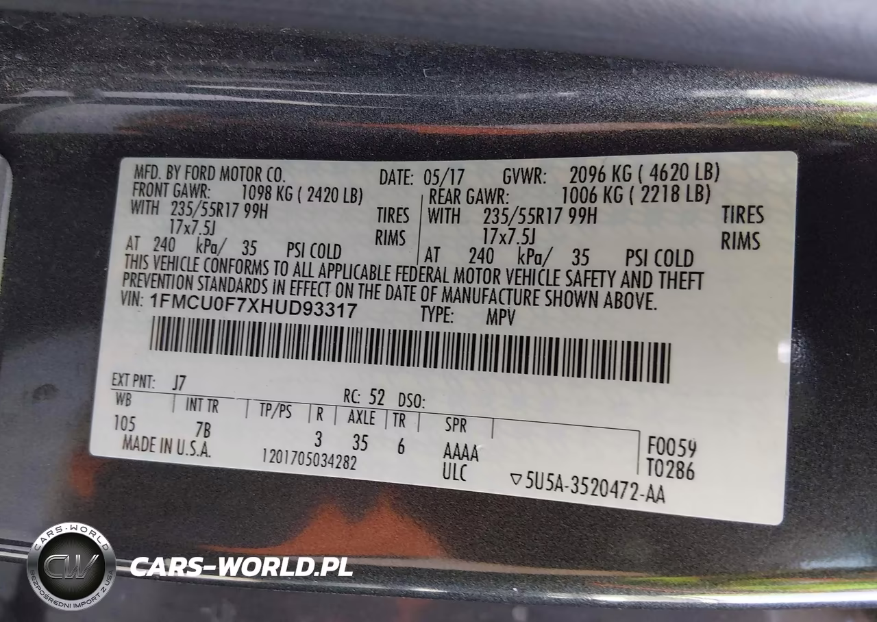 2017 Ford Escape S VIN:1FMCU0F7XHUD93317 - 9
