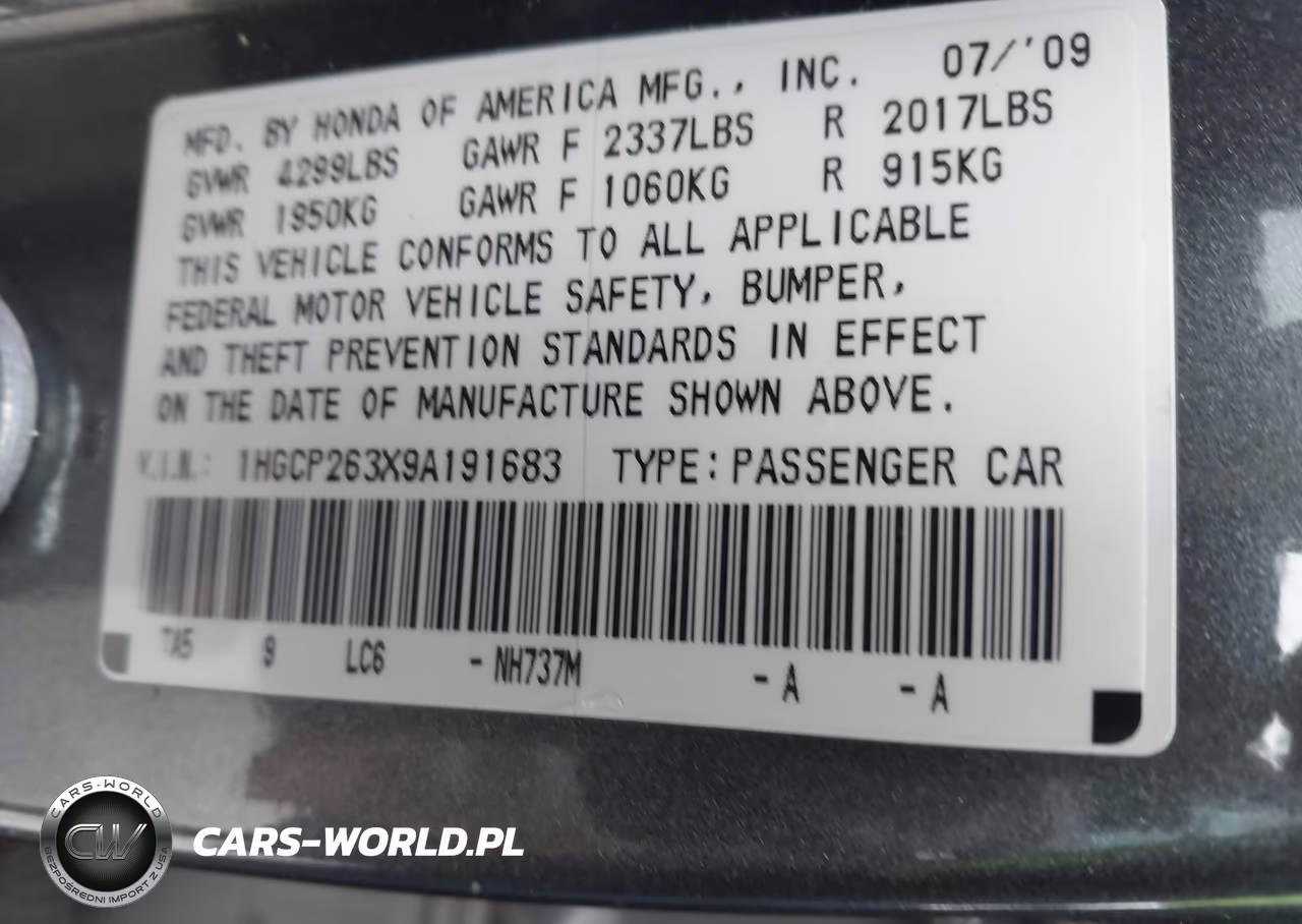 2009 Honda Accord 2.4 Lx VIN:1HGCP263X9A191683 - 9
