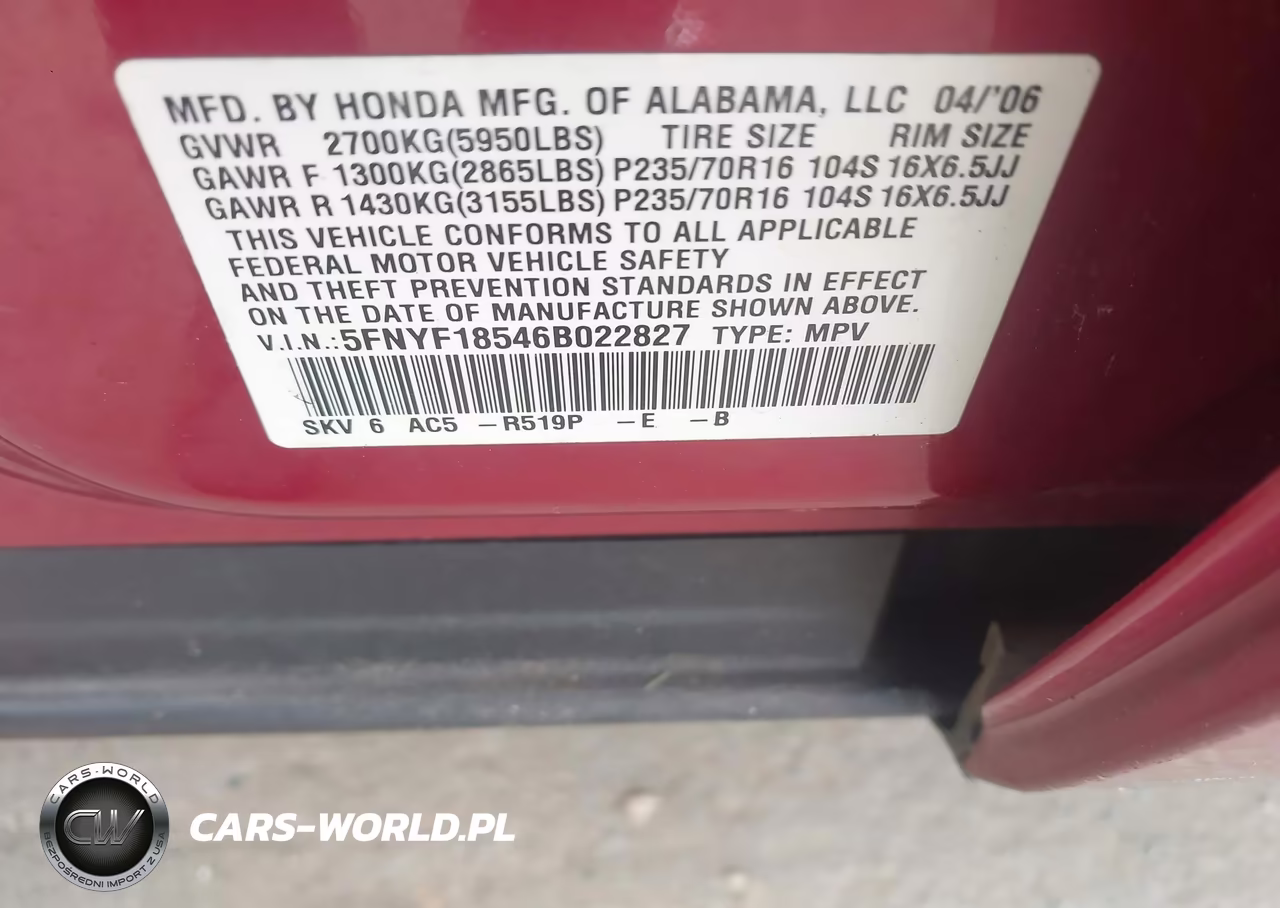 2006 Honda Pilot Ex-L VIN:5FNYF18546B022827 - 9