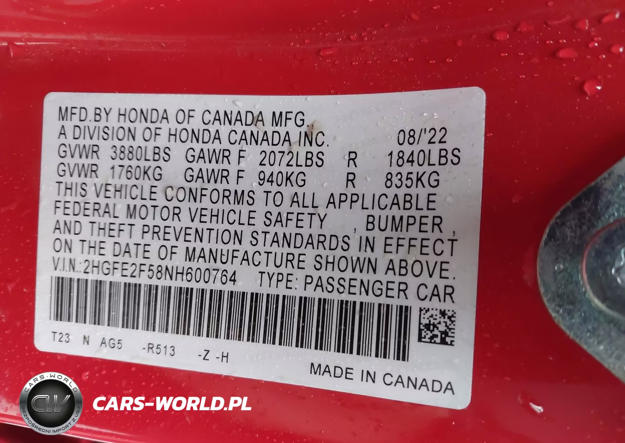2022 Honda Civic Sport VIN:2HGFE2F58NH600764 - 9