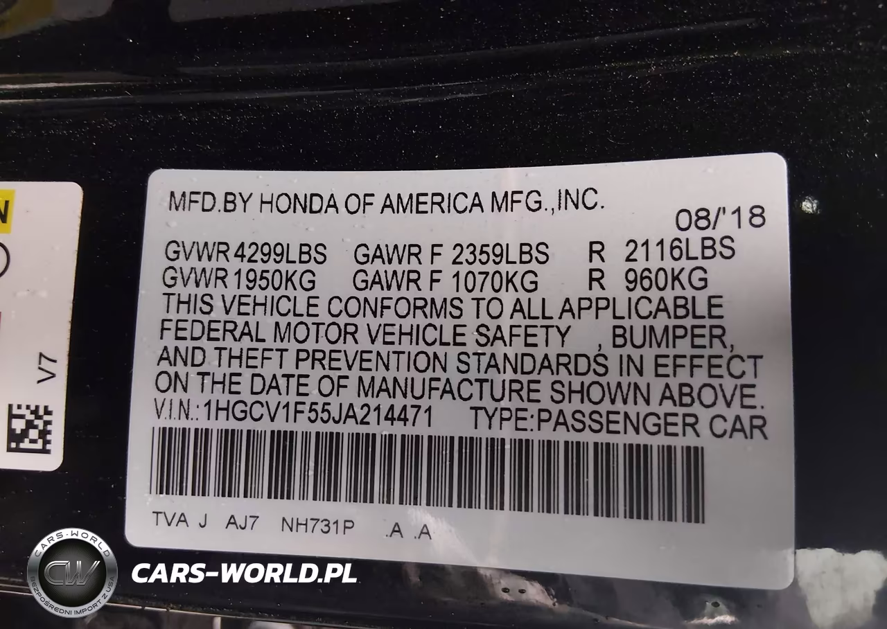 2018 Honda Accord Ex-L VIN:1HGCV1F55JA214471 - 9