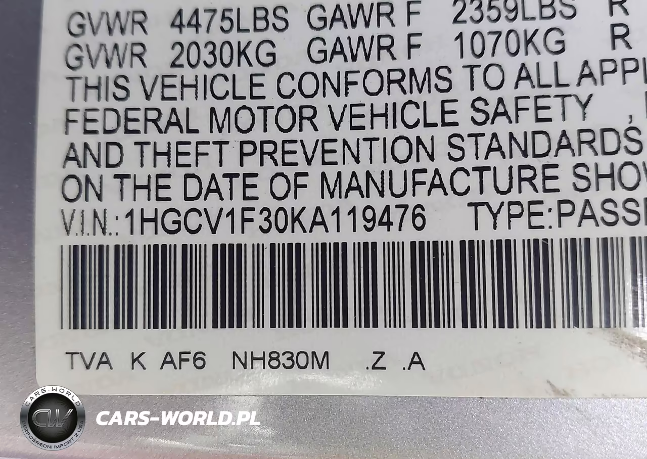 2019 Honda Accord Sport VIN:1HGCV1F30KA119476 - 9