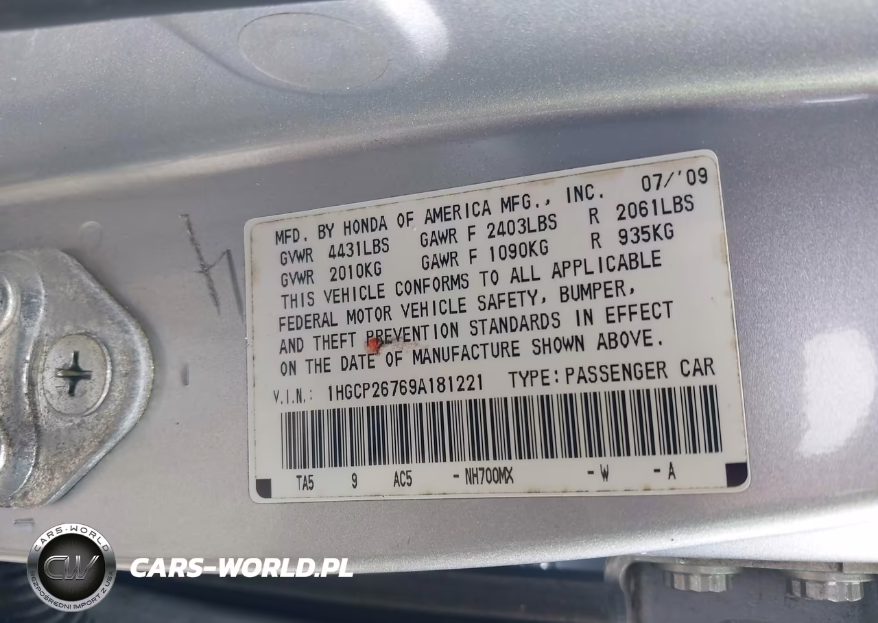 2009 Honda Accord 2.4 Ex VIN:1HGCP26769A181221 - 9