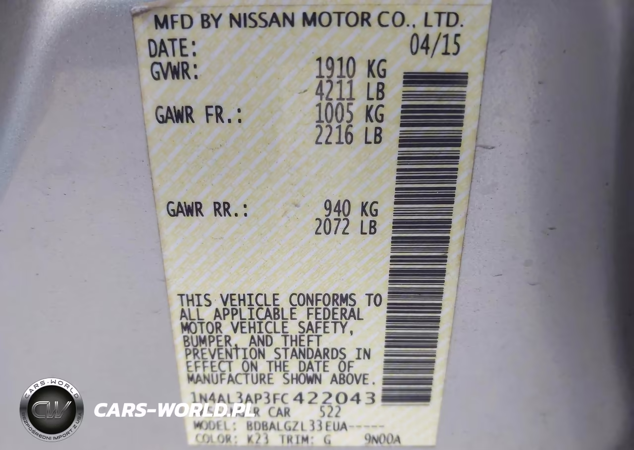 2015 Nissan Altima 2.5-2.5 S-2.5 Sl-2.5 Sv VIN:1N4AL3AP3FC422043 - 9