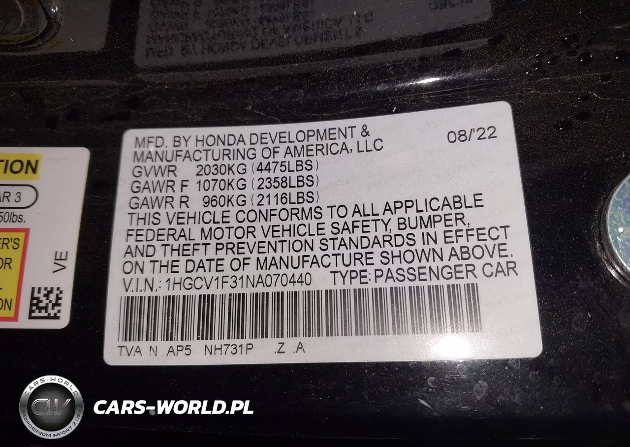 2022 Honda Accord Sport VIN:1HGCV1F31NA070440 - 9