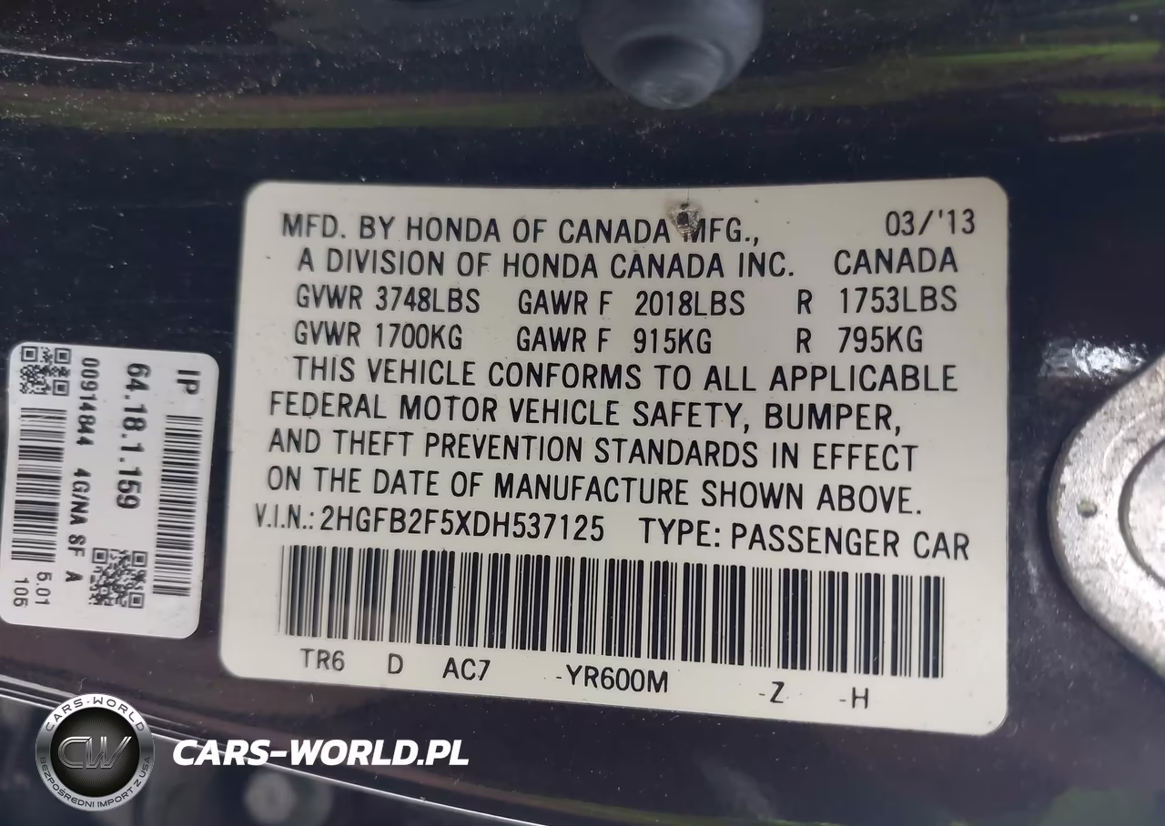 2013 HONDA CIVIC LX VIN:2HGFB2F5XDH537125 - 9