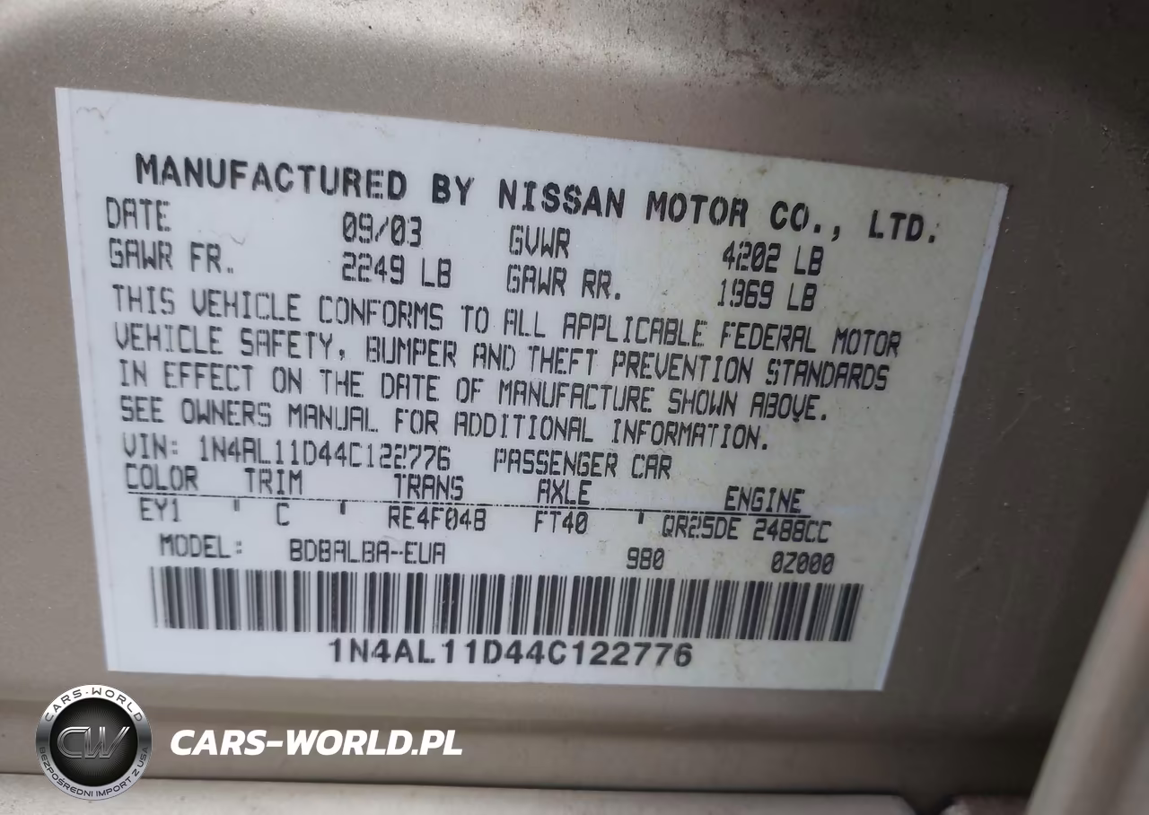 2004 Nissan Altima 2.5 S VIN:1N4AL11D44C122776 - 9