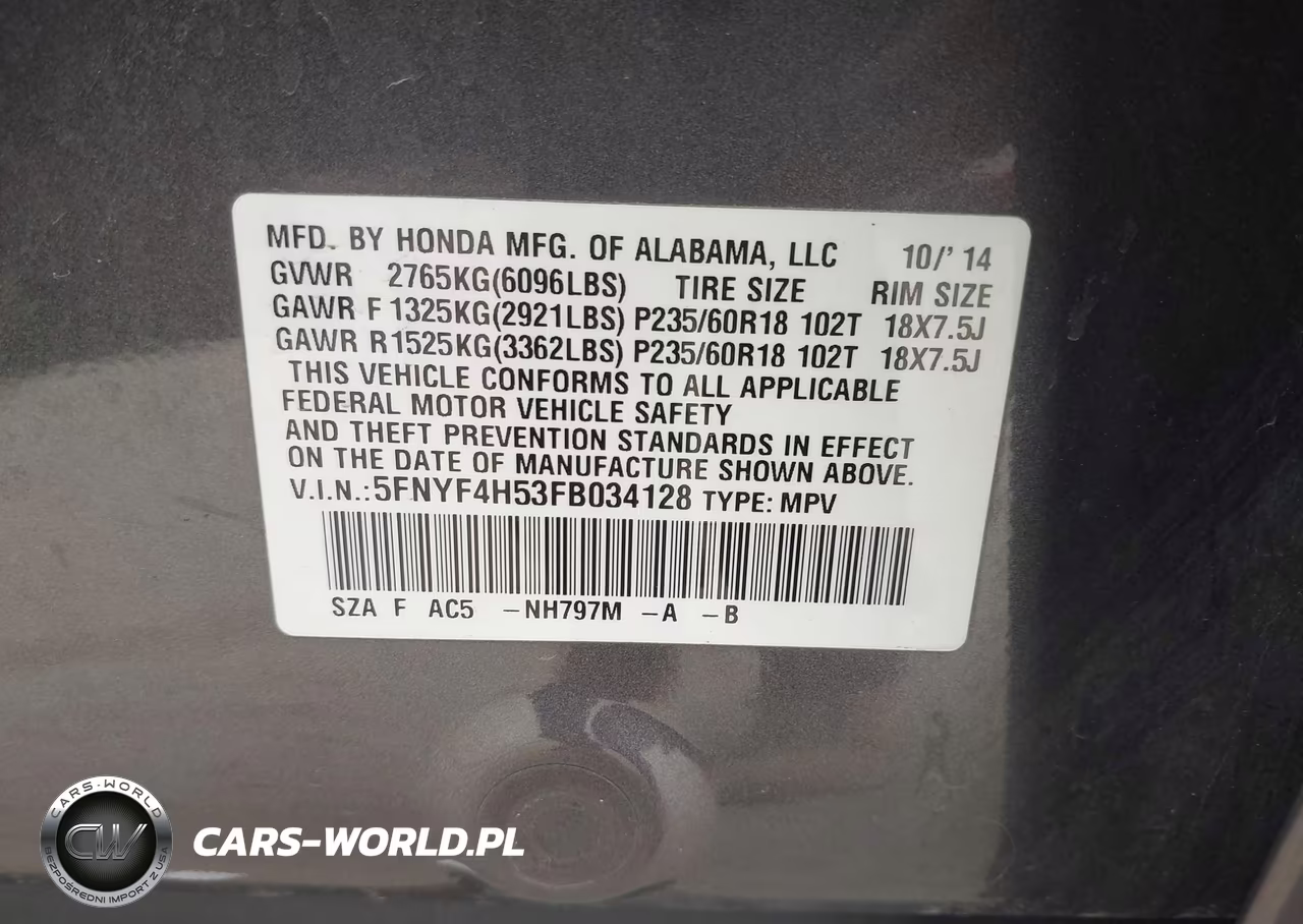 2015 Honda Pilot Ex-L VIN:5FNYF4H53FB034128 - 9