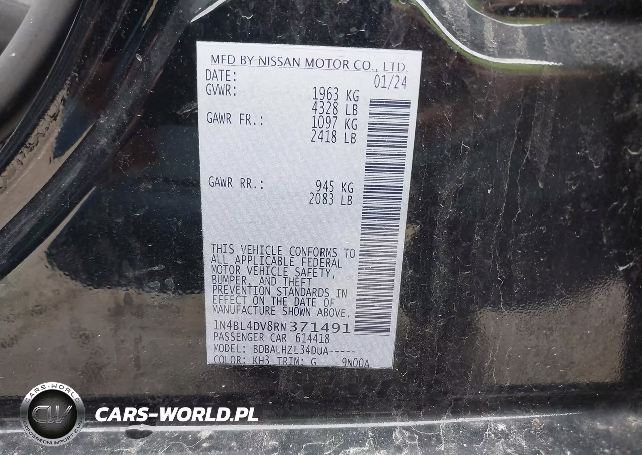 2024 Nissan Altima Sv Fwd VIN:1N4BL4DV8RN371491 - 9