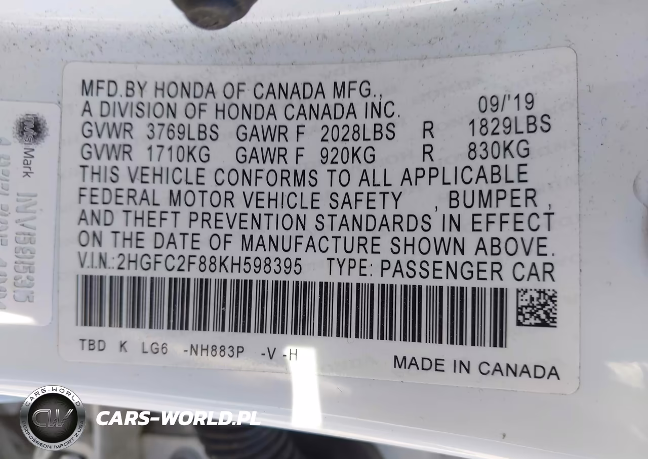 2019 Honda Civic Sport VIN:2HGFC2F88KH598395 - 9