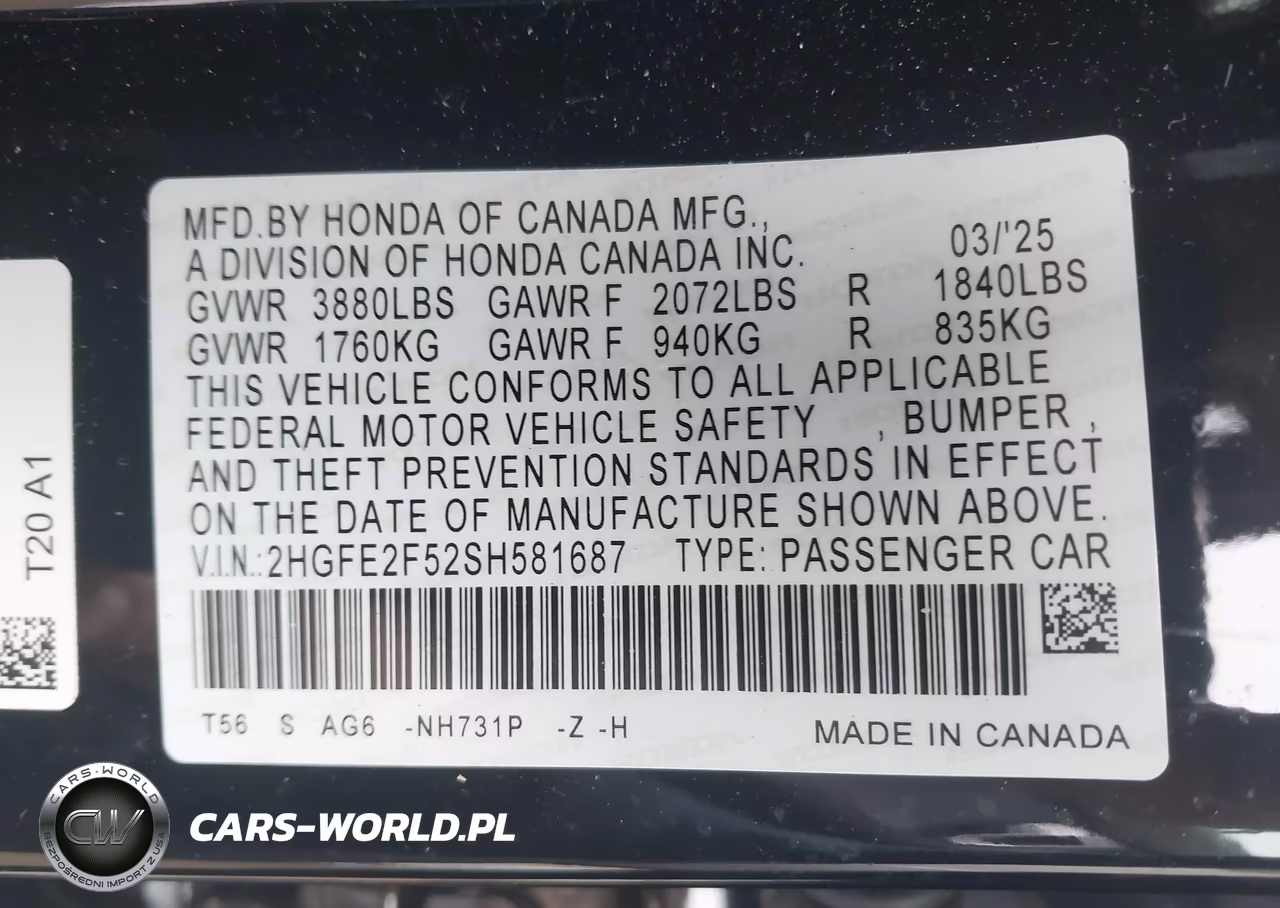 2025 Honda Civic Sport VIN:2HGFE2F52SH581687 - 9