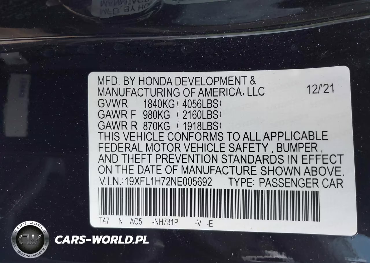 2022 Honda Civic Ex-L VIN:19XFL1H72NE005692 - 9
