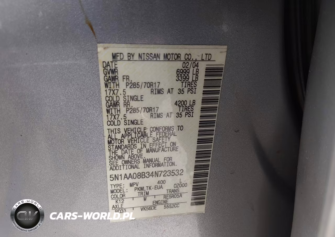 2004 Nissan Pathfinder Armada Se Off-Road VIN:5N1AA08B34N723532 - 9