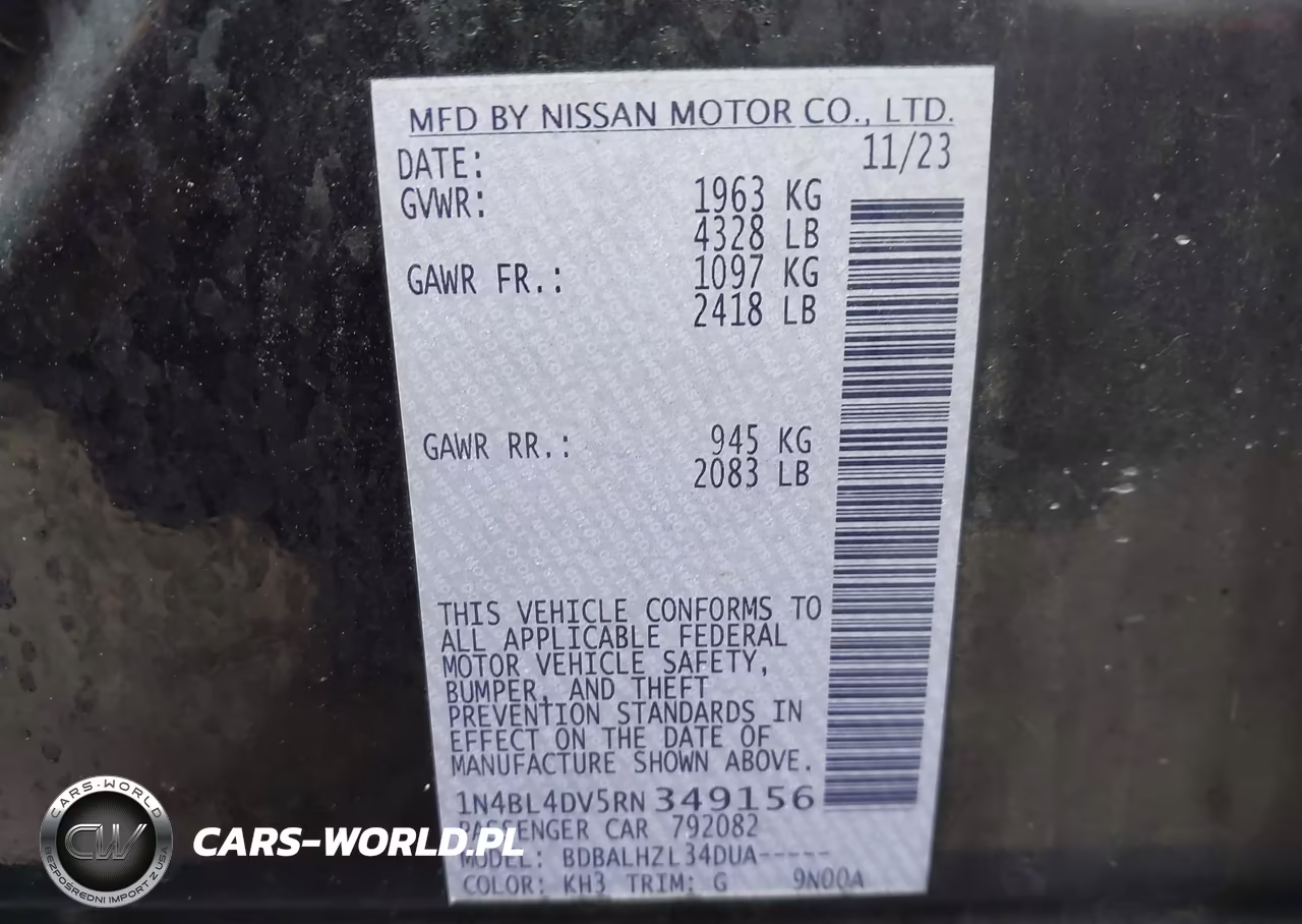 2024 Nissan Altima Sv Fwd VIN:1N4BL4DV5RN349156 - 9