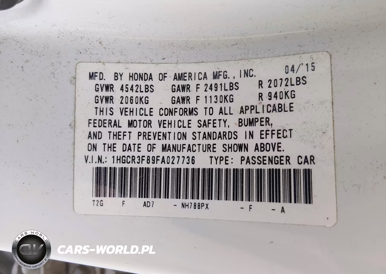 2015 HONDA ACCORD EX-L V-6 VIN:1HGCR3F89FA027736 - 9