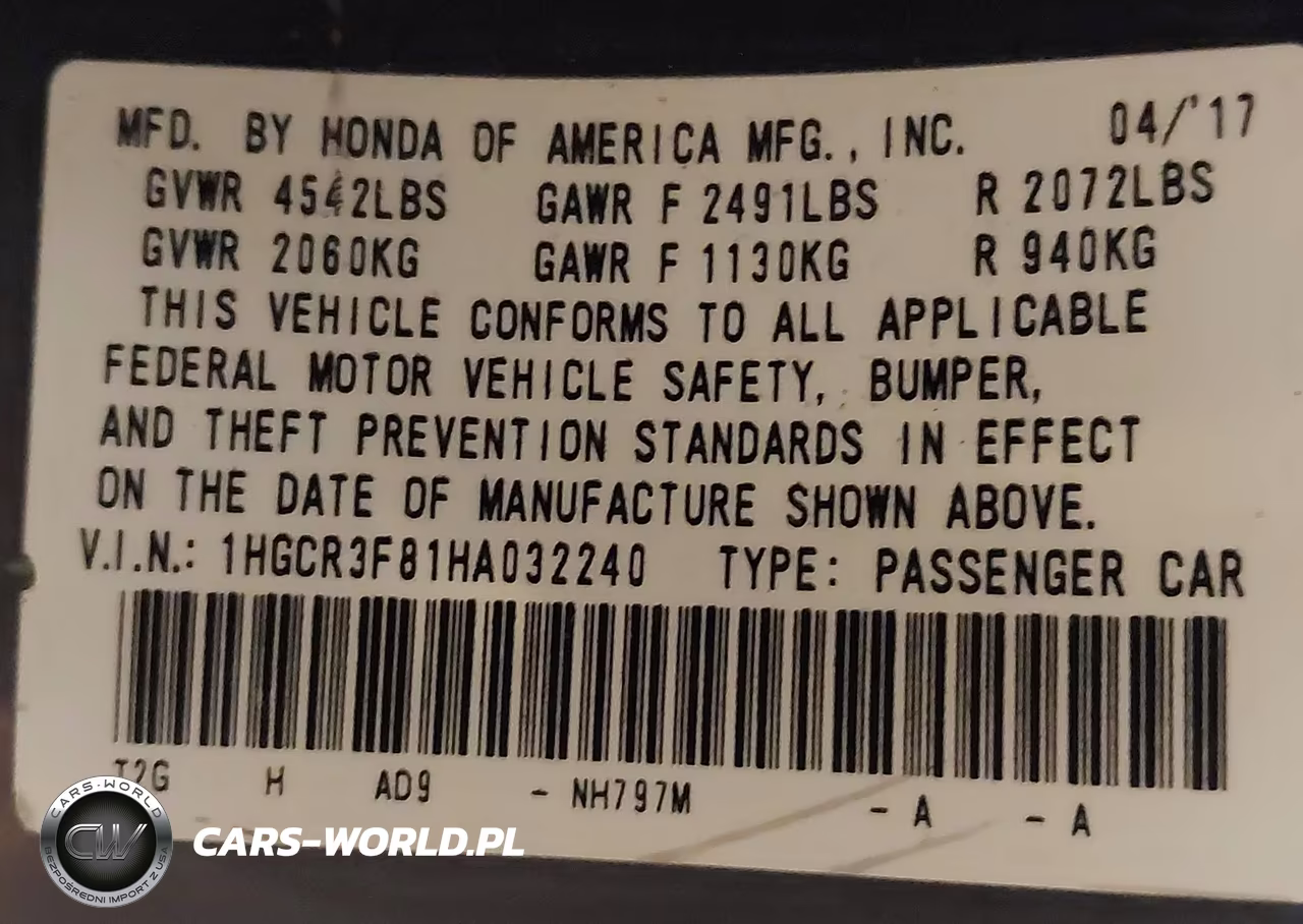 2017 Honda Accord Ex-L V6 VIN:1HGCR3F81HA032240 - 9