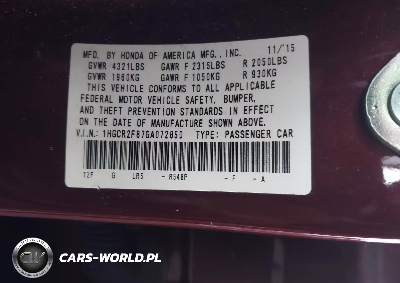2016 Honda Accord Ex-L VIN:1HGCR2F87GA072850 - 9