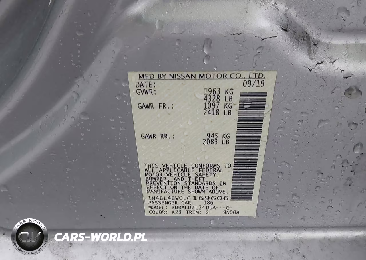 2020 Nissan Altima S Fwd VIN:1N4BL4BV0LC169606 - 9