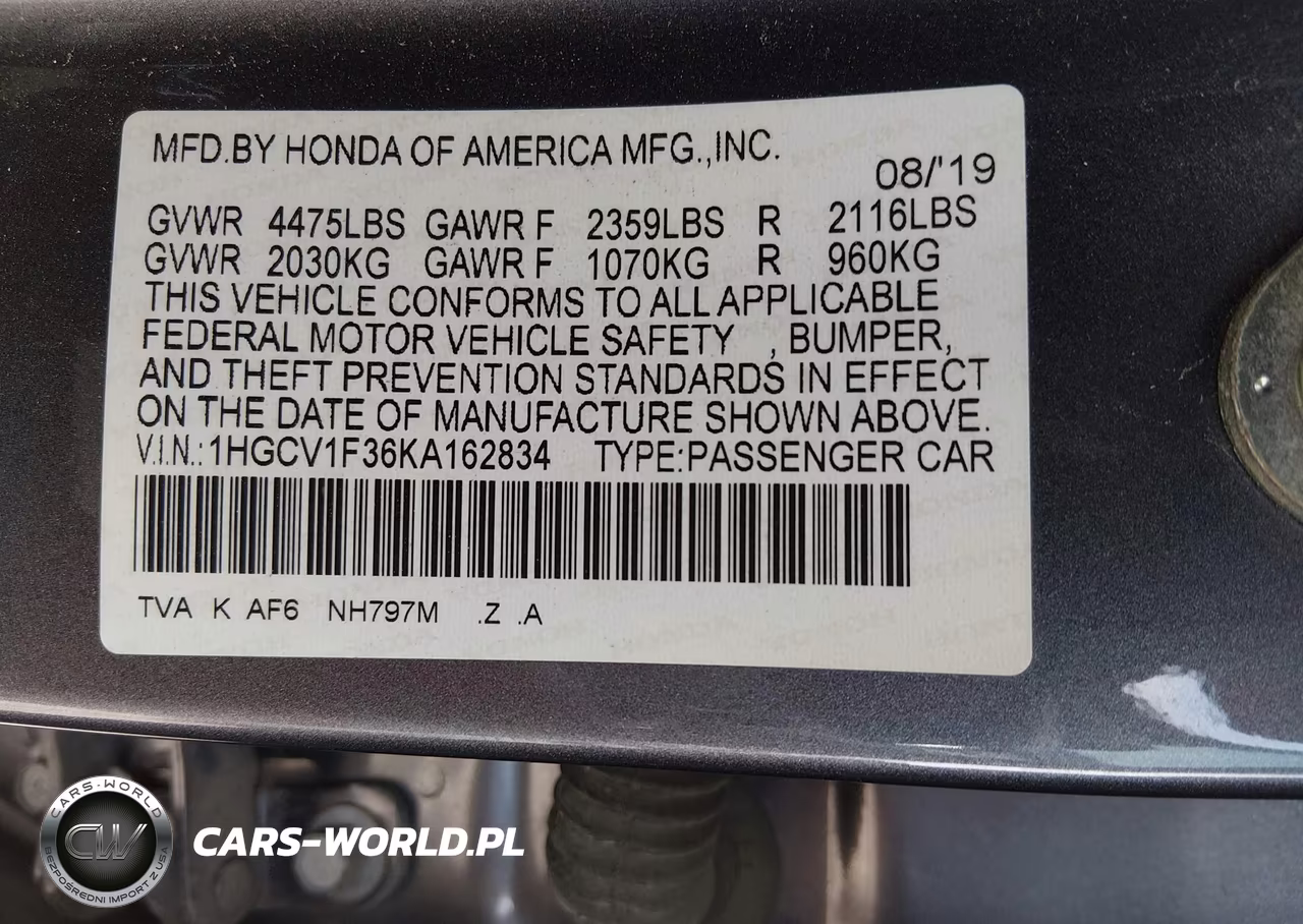 2019 Honda Accord Sport VIN:1HGCV1F36KA162834 - 9