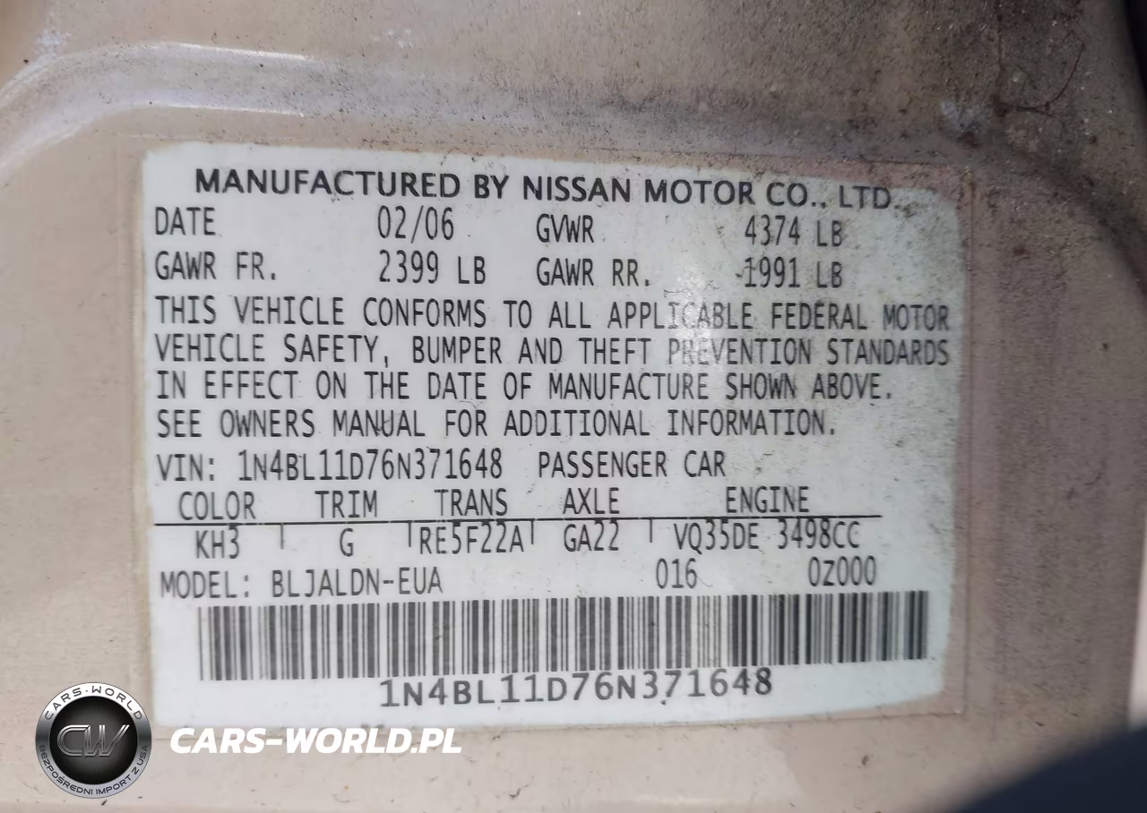 2006 Nissan Altima 3.5 Sl VIN:1N4BL11D76N371648 - 9