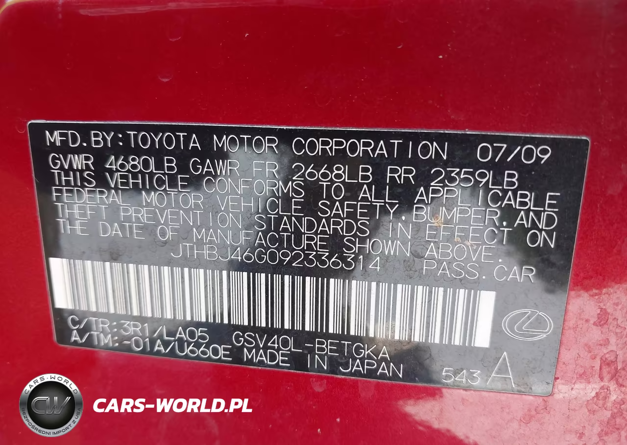 2009 Lexus Es 350 VIN:JTHBJ46G092336314 - 9