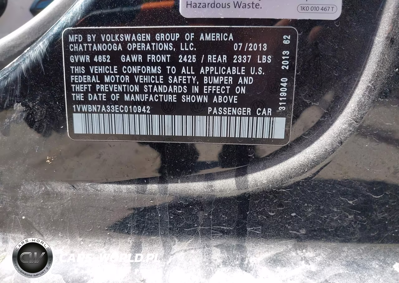 2014 Volkswagen Passat 2.0L Tdi Se VIN:1VWBN7A33EC010942 - 9