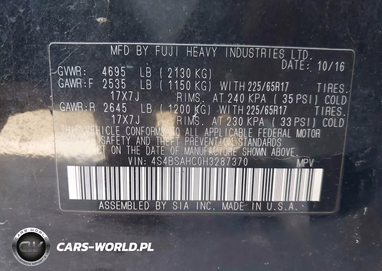 2017 Subaru Outback 2.5I Premium VIN:4S4BSAHC0H3287370 - 9