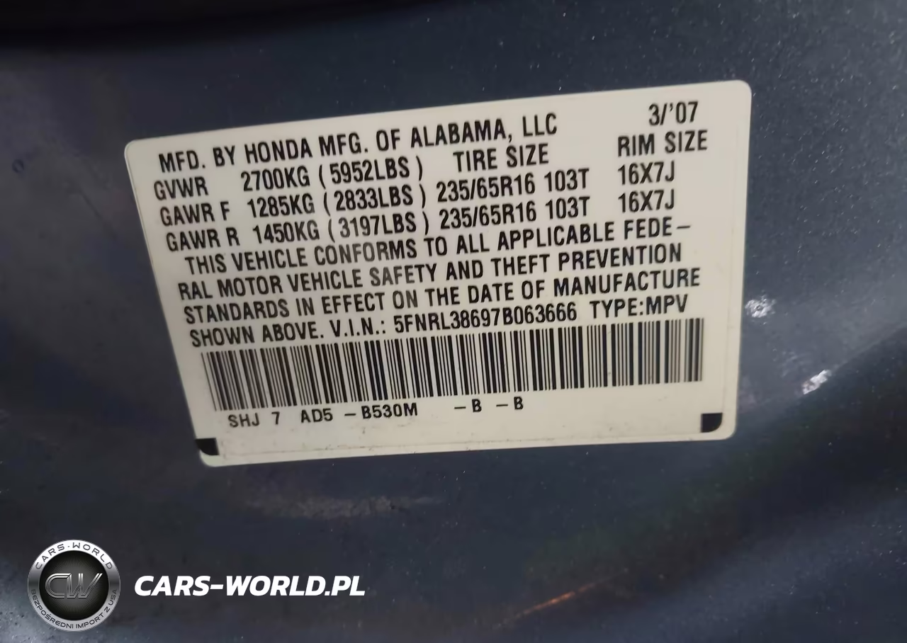 2007 Honda Odyssey Ex-L VIN:5FNRL38697B063666 - 9
