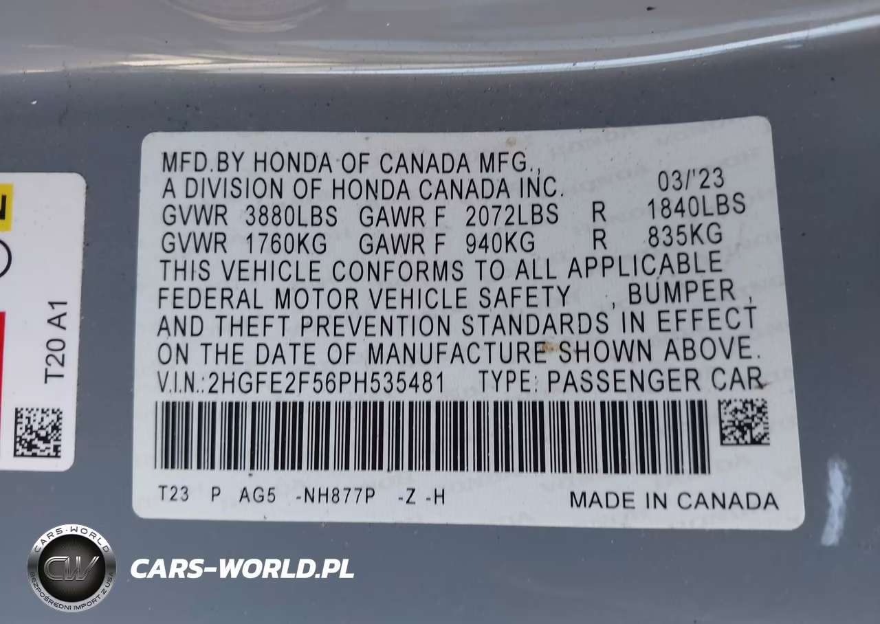 2023 Honda Civic Sport VIN:2HGFE2F56PH535481 - 9