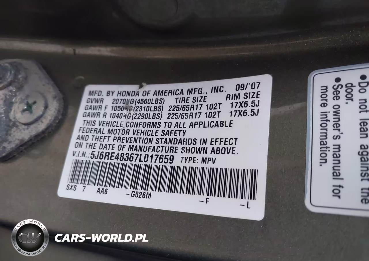2007 Honda Cr-V Lx VIN:5J6RE48367L017659 - 9