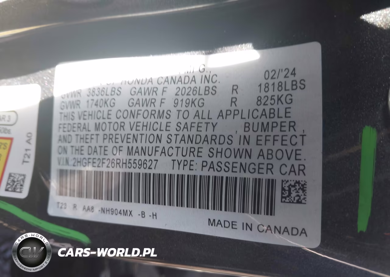 2024 Honda Civic Lx VIN:2HGFE2F26RH559627 - 9