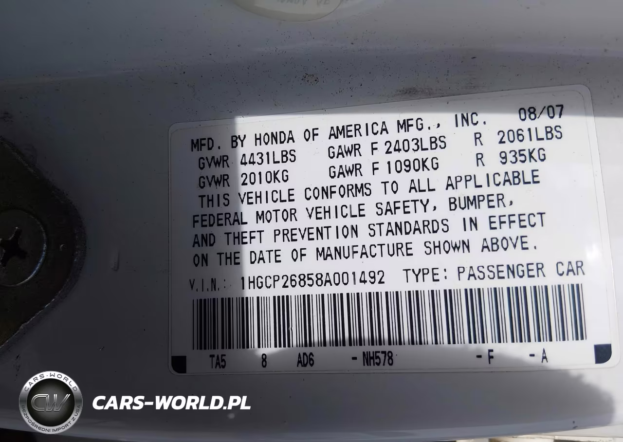 2008 Honda Accord 2.4 Ex-L VIN:1HGCP26858A001492 - 9