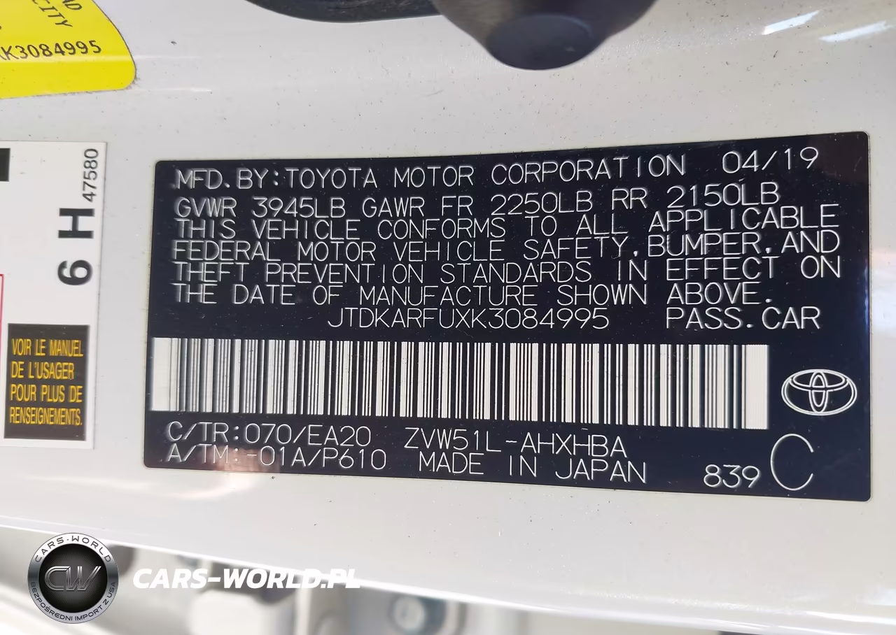 2019 Toyota Prius Xle VIN:JTDKARFUXK3084995 - 9