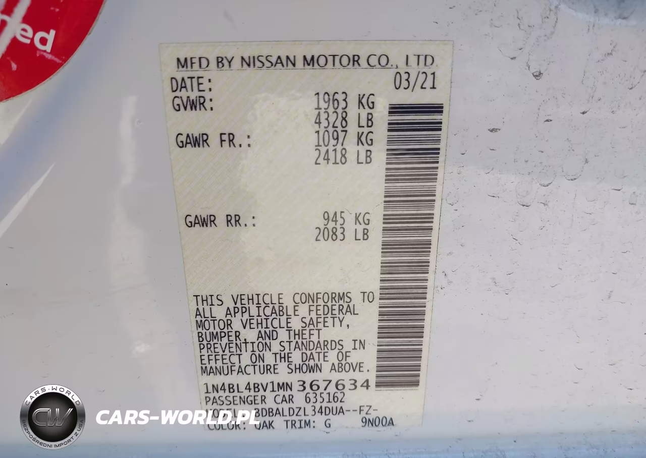 2021 Nissan Altima S Fwd VIN:1N4BL4BV1MN367634 - 9