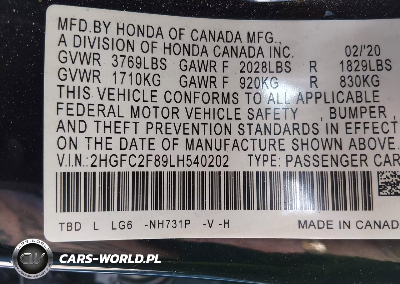 2020 Honda Civic Sport VIN:2HGFC2F89LH540202 - 9