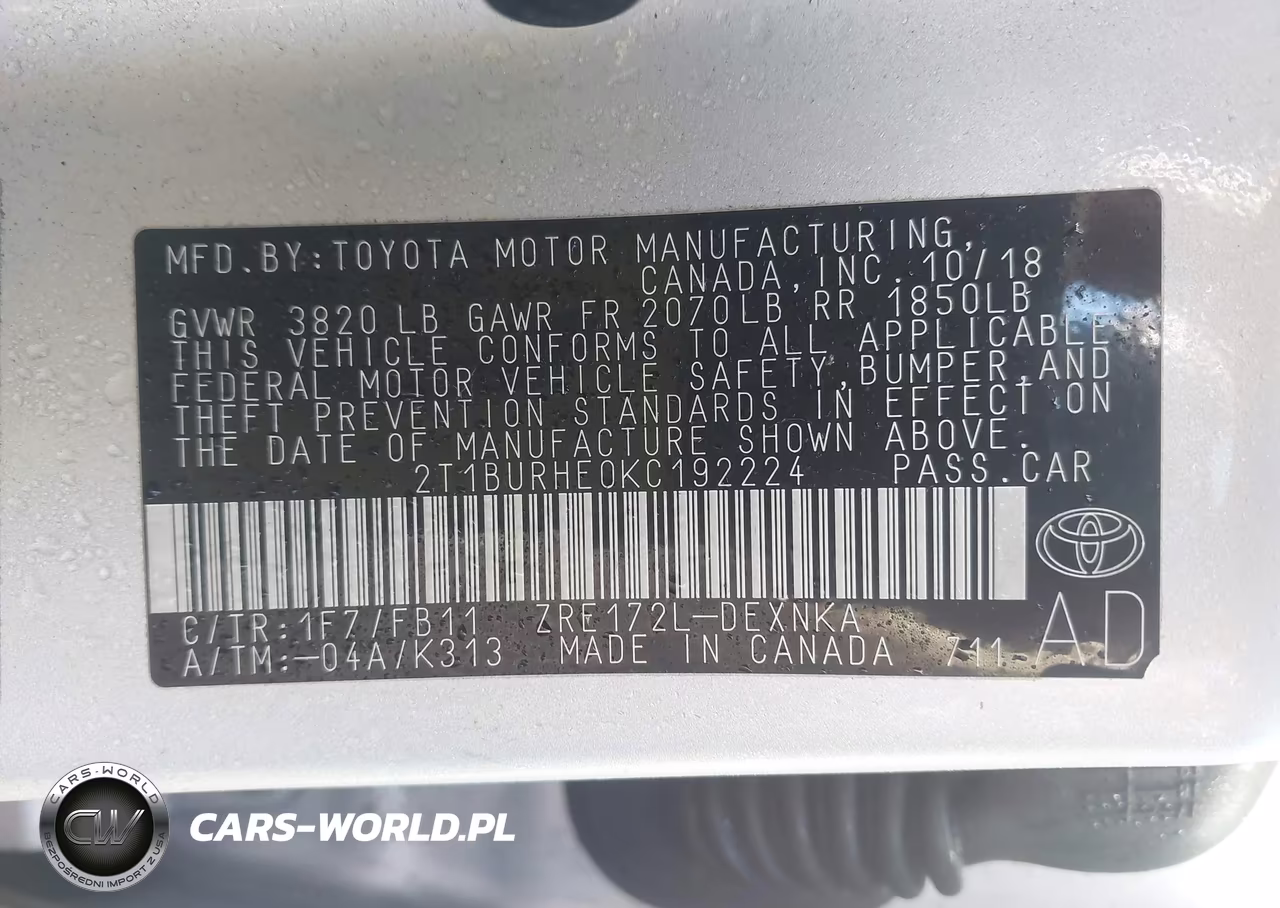 2019 Toyota Corolla Le VIN:2T1BURHE0KC192224 - 7