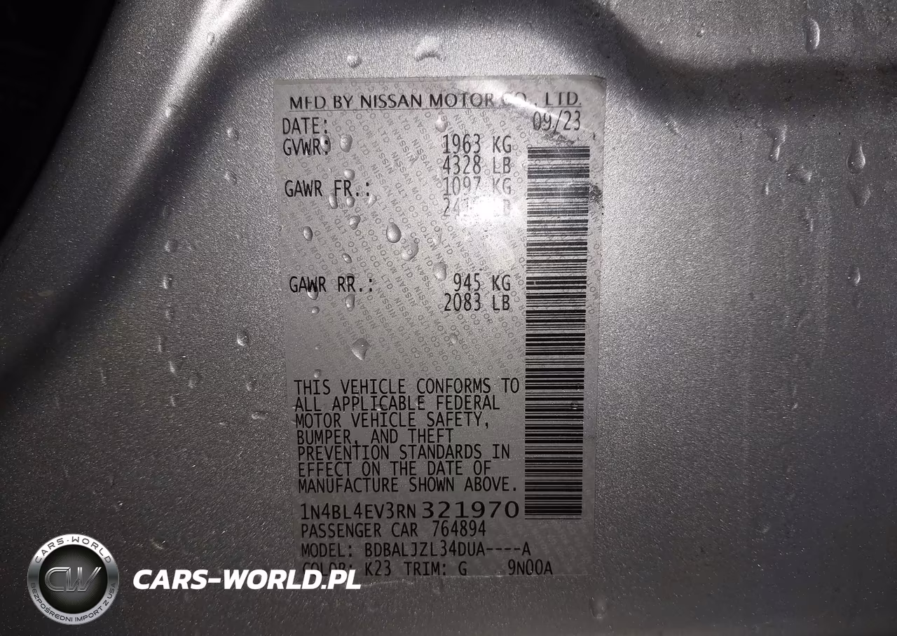 2024 Nissan Altima Sl Fwd VIN:1N4BL4EV3RN321970 - 9
