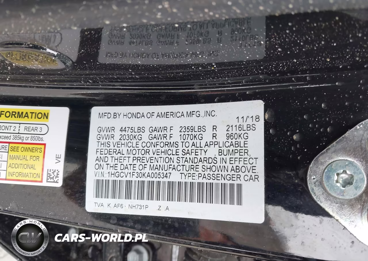 2019 Honda Accord Sport VIN:1HGCV1F30KA005347 - 9