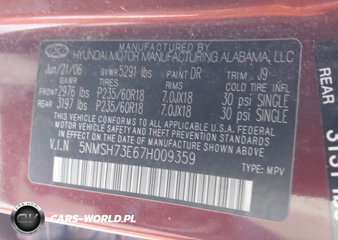2007 Hyundai Santa Fe Limited-Se VIN:5NMSH73E67H009359 - 9