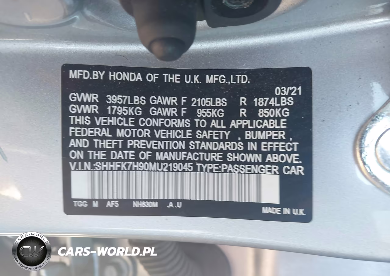 2021 Honda Civic Sport Touring VIN:SHHFK7H90MU219045 - 9