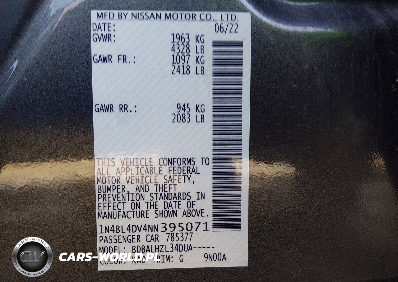 2022 Nissan Altima Sv Fwd VIN:1N4BL4DV4NN395071 - 9