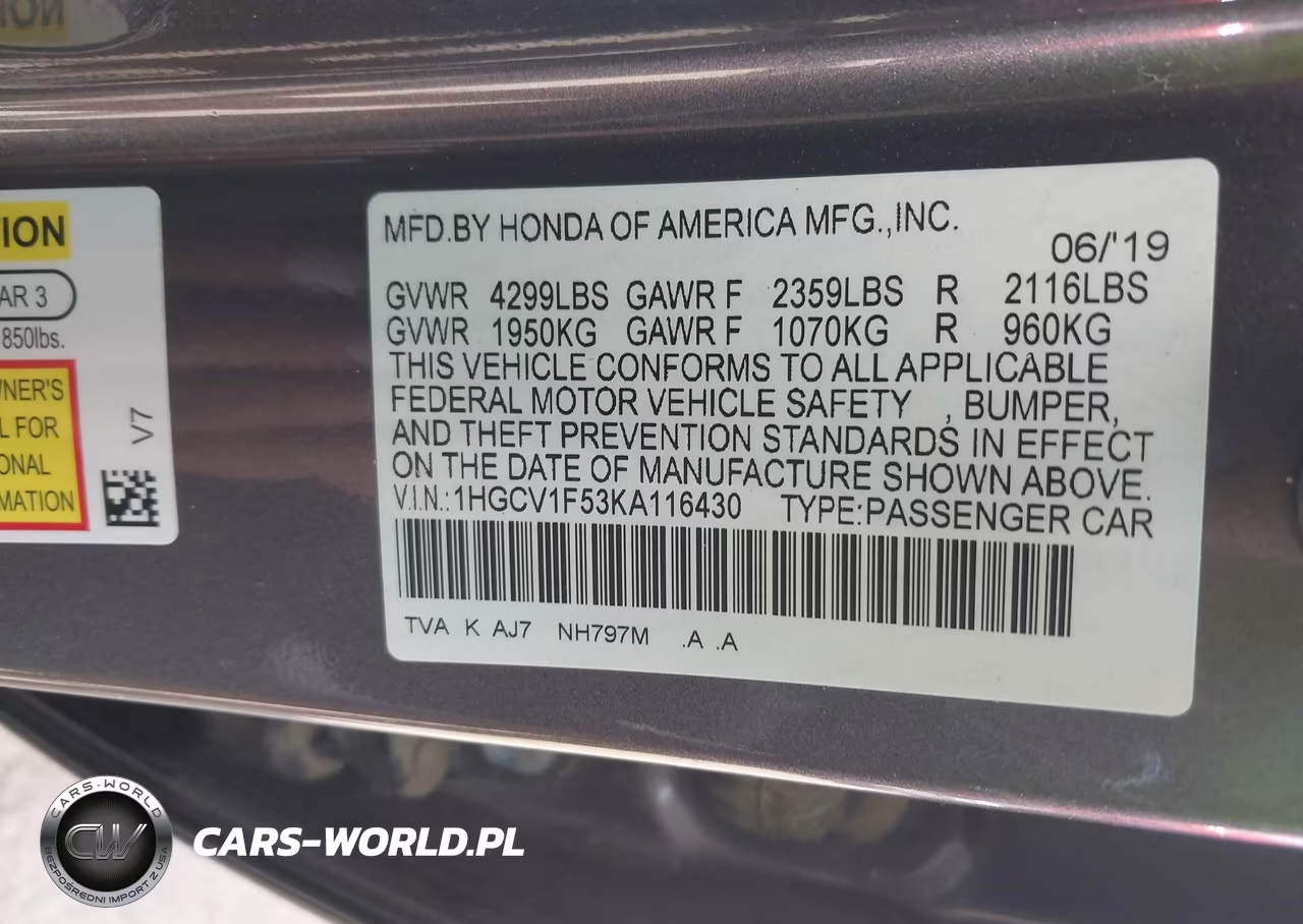 2019 Honda Accord Ex-L VIN:1HGCV1F53KA116430 - 9