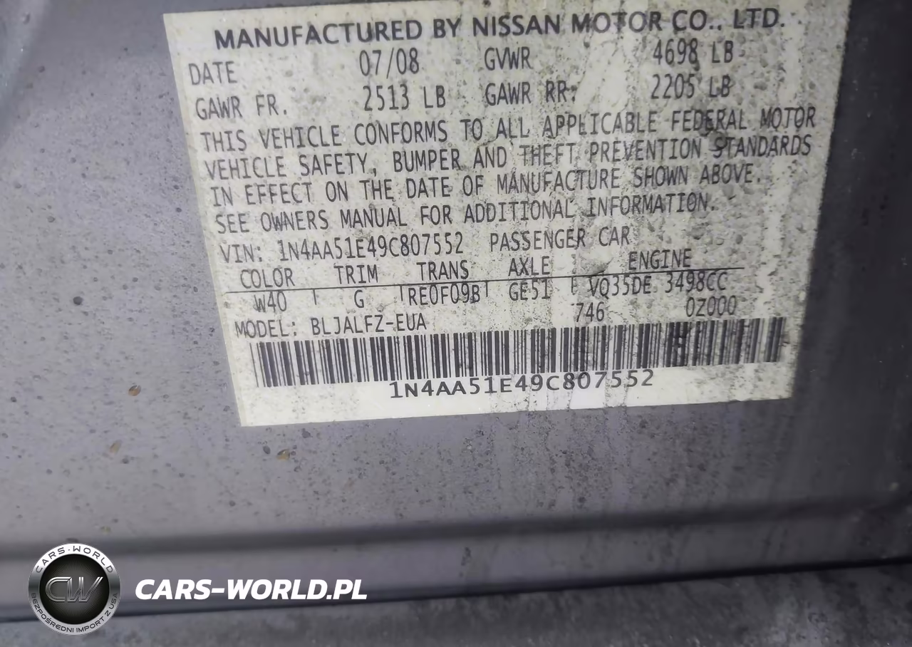 2009 Nissan Maxima 3.5 Sv VIN:1N4AA51E49C807552 - 9