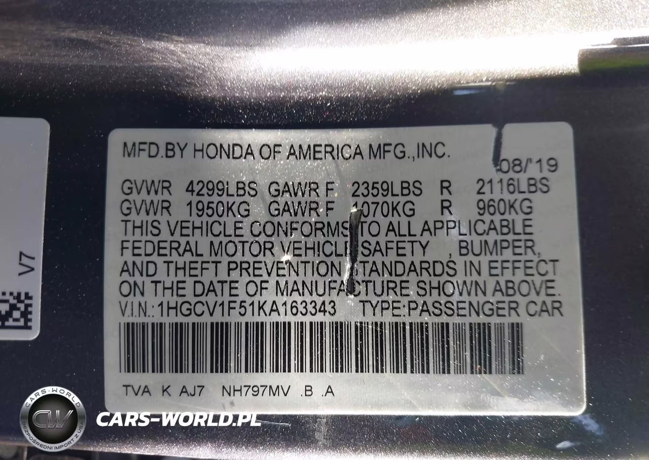 2019 Honda Accord Ex-L VIN:1HGCV1F51KA163343 - 9