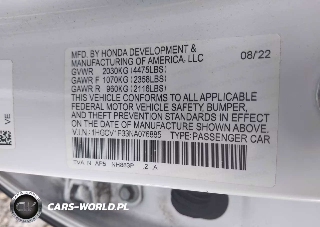 2022 Honda Accord Sport VIN:1HGCV1F33NA076885 - 9