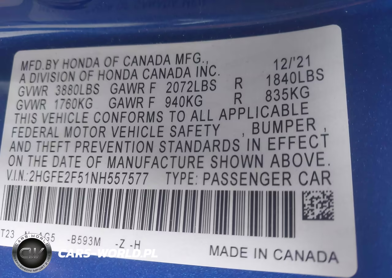 2022 Honda Civic Sport VIN:2HGFE2F51NH557577 - 9